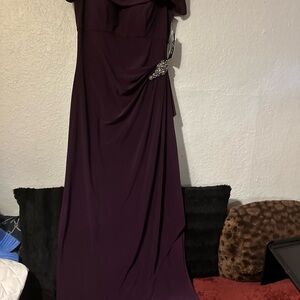 Alex Evenings Strapless Plum Gown off the shoulder with embroidery details